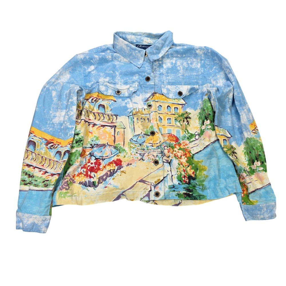 Vintage Artscapes Scenic Village Jacket Women's Size L Blue Cotton Button Up
